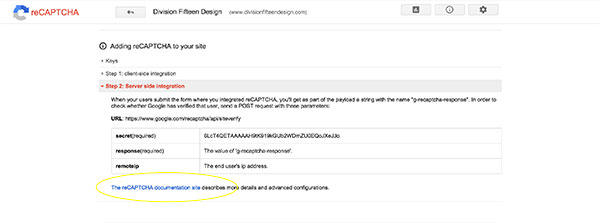 recaptcha Documentation link screen shot